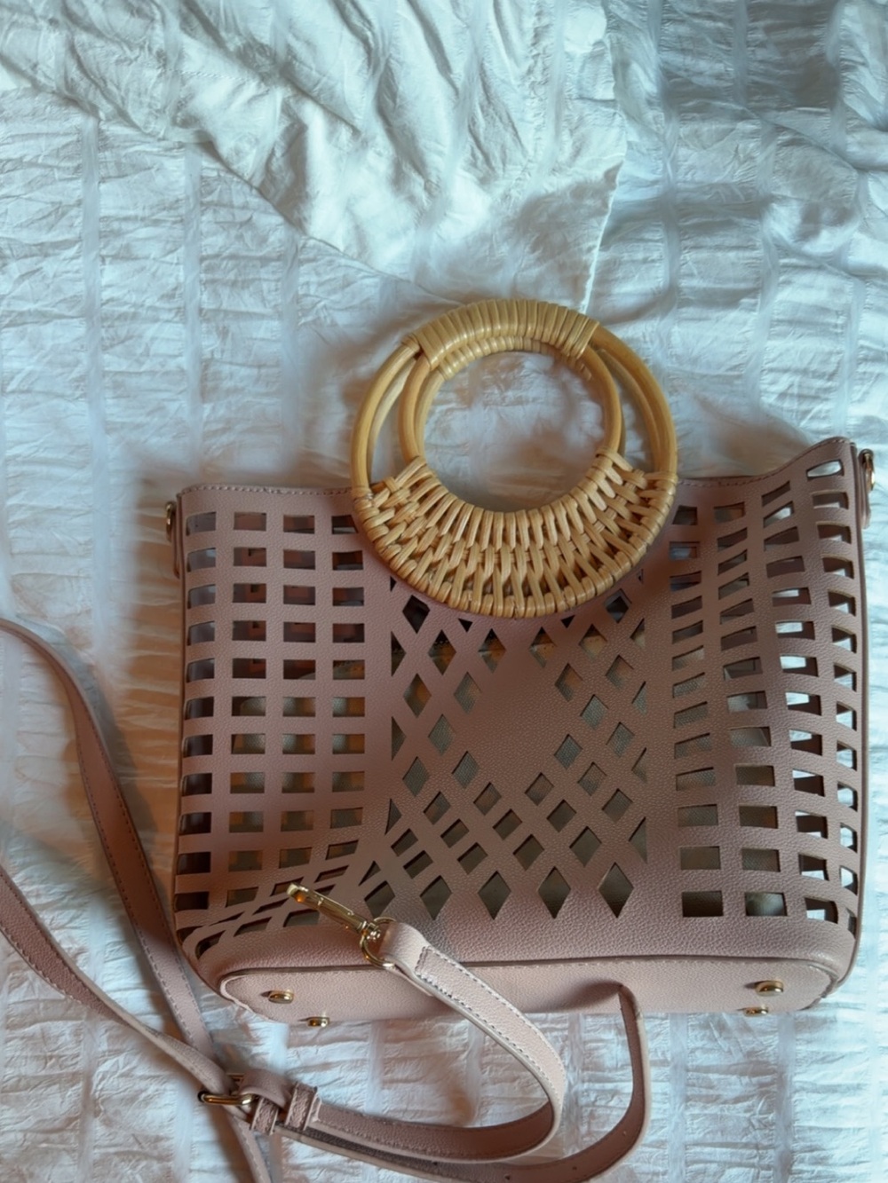 Anthropologie Blush Pink Cutout Shoulder Bag with Rattan Handles